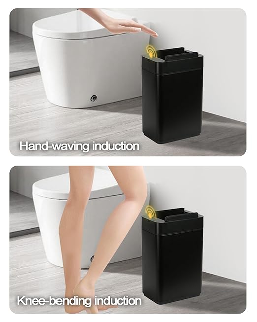 ELPHECO Bathroom Trash Can with Lid 2.6 Gallon Smart Trash Can Slim Motion Sensor Garbage Can Automatic Stainless Steel Wastebasket Bathroom Decor for Bedroom Office Toilet Black