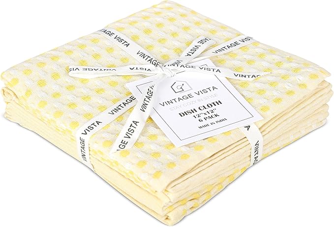 Vintage Vista 100% Cotton Dish Cloths (Pack of 6) - Dish Rags for Washing Dishes - Reusable & Highly Absorbent Kitchen Towels - Kitchen Rags for Christmas - (12" x 12" - Lemon Yellow Honeycomb)
