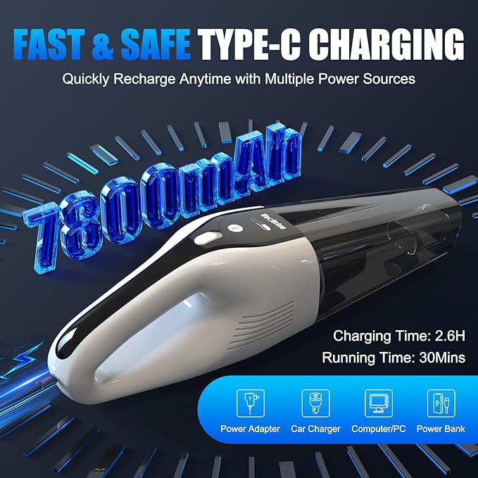 Car Vacuum Handheld Cordless Car Vacuum Cleaner for Drivers, Office, Home & Pet Hair, with True Brushless Motor, Ultra-Strong Suction, Rechargeable Battery&Big Dust Cup, Type-C Fast Charging