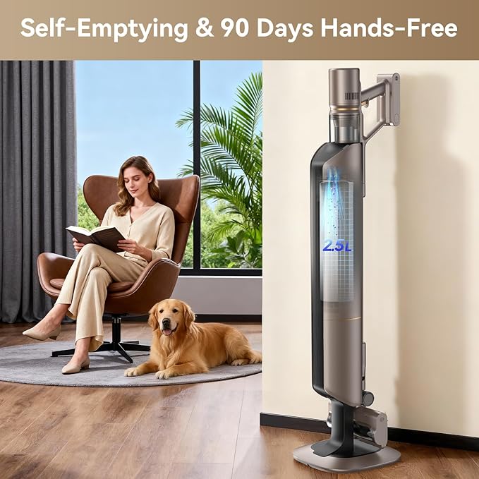 DREAME Z10-W Cordless Vacuum Cleaner with Self-Emptying Base (90 Days), Powerful Suction, Tangle-Free Brush for Pet Hair, 60min Runtime, HEPA Filtration, Cordless Stick Vacuum for Carpets & Hardfloor