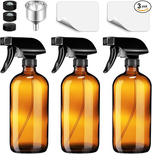 Glass Spray Bottle, 3 Pack 16oz Empty Sprayer with Funnel & Cap & Labels, Large Refillable Mist Bottles for Cleaning, Plant, Essential Oil, Facial Hydration, Water Flowers & Hair Care, (Amber)