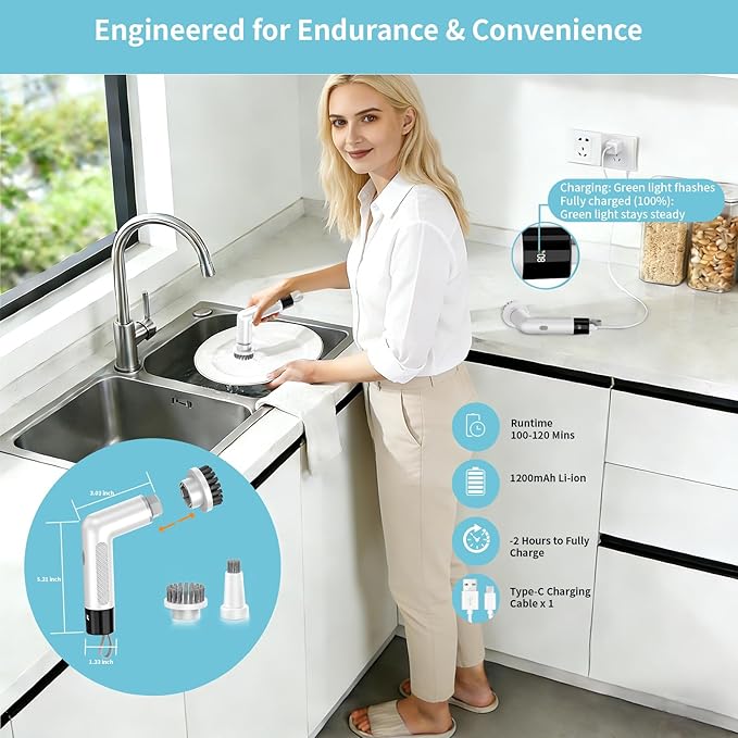 Electric Spin Scrubber, Cordless Cleaning Brush，IPX7 Waterproof Bathroom Scrubber with Adjustable Extension Handle & Battery Level Display for Bathroom Kitchen Car (ECB-S3)