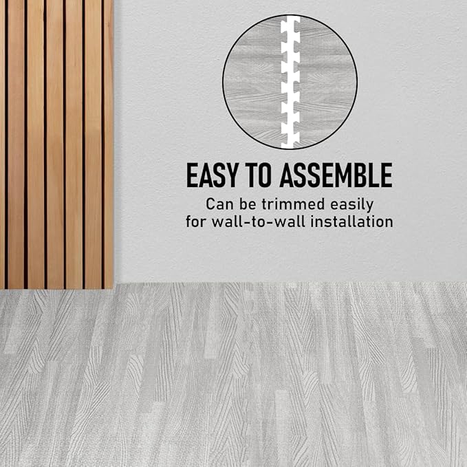 HomeCube USA 3/8 Inch Thick Interlocking Wood Grain Foam Floor Tiles for Home, Office, Workout Equipment Space, Commercial Areas, Anti-Fatigue Flooring Padding 24x24 in., Grey, 16 SQ Ft - 4 Tiles