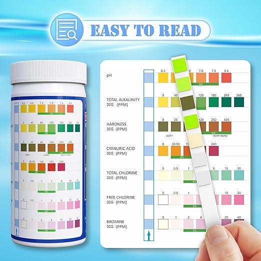 Pool Spa Hot Tub Test Strips - 125 Pool Spa Test Strips - Swimming Pool Water Testing Kit - Rapid Accurate Easy to Test pH, Hardness, Cyanuric Acid, Chlorine, Bromine, and More (7-Way)