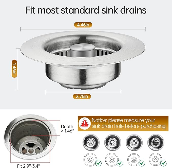 YYKBZ 3 in 1 Kitchen Sink Drain Strainer， Stainless Steel Pop Up Sink Stopper， Plug for Sink Drain Strainer with Anti-Clogging Basket for Us Standard 3-1/2"Drain Easy to Install （1pcs）