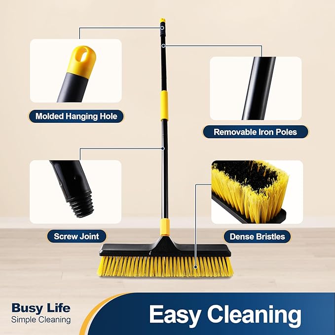 Yocada 18 Inch Push Broom Heavy-Duty Outdoor Commercial Broom Brush Stiff Bristles for Cleaning Patio Garage Deck Concrete Wood Stone Tile Floor 65.3 inch Long
