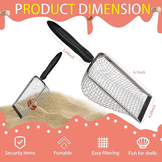 2 Pcs Stainless Steel Beach Mesh Shovel, Metal Shark Tooth Sifter, Black Handle Reptile Sand Scoop Scooper Beach Shell Collecting Tool for Sifting Picking Up Sea Creatures Cat Litter