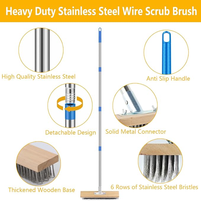 Stainless Steel Deck Brushes for Scrubbing Heavy Duty, 65" Deck Scrub Brush with Long Handle - Concrete Scrub Brush Stiff Metal Bristle Concrete Brush for Cleaning Moss Patio Garage Garden Pool Floor
