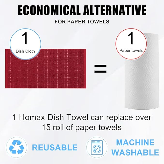 Homaxy 100% Cotton Terry Kitchen Towels(Brick Red, 13 x 28 inches), Checkered Designed, Soft and Super Absorbent Dish Towels, 8 Pack