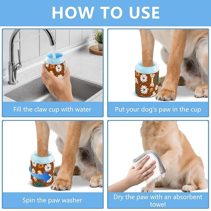 Dog Paw Cleaner Cups for Dogs Pet Foot Washer Paw Scrubber for Medium Small Dogs Cats Cleaning Cup Brown Daisy Dog Bones and Dragonflies