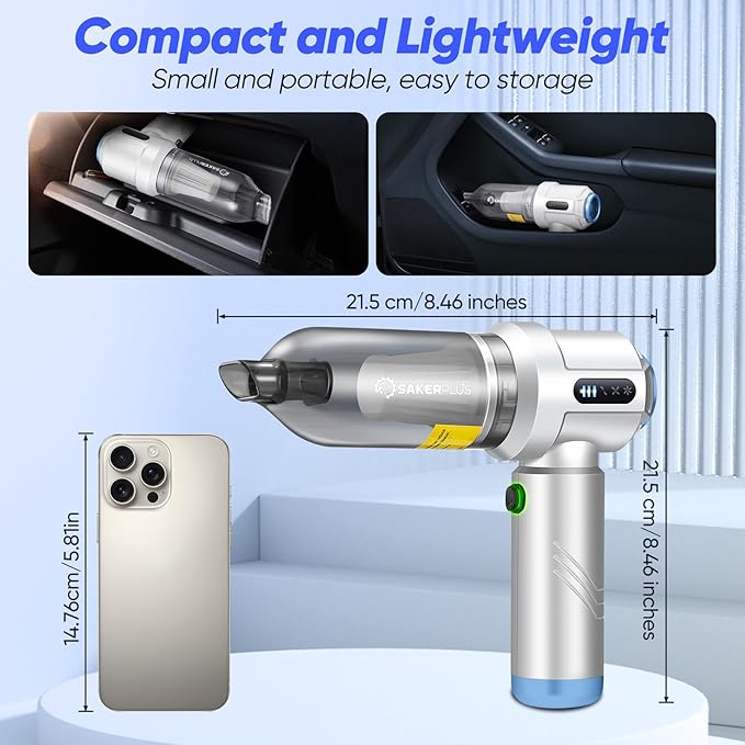 Cordless Car Vacuum, 4 in 1 Mini Vacuum Cleaner High Power 17500PA Suction Handheld Vacuum, Portable Air Dusters,Battery 3 Level Adjustment Small Car Cleaner for Cars Home Office (Silver)