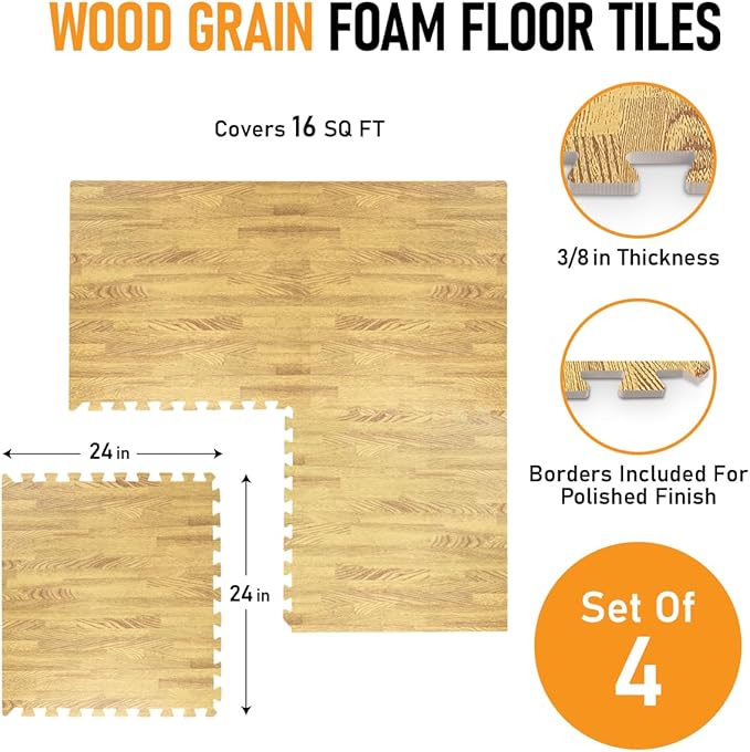 HomeCube USA 3/8 Inch Thick Interlocking Wood Grain Foam Floor Tiles for Home, Office, Workout Equipment Space, Commercial Areas, Anti-Fatigue Flooring Padding 24x24 in., Medium Oak, 16 SQ Ft - 4 Tile