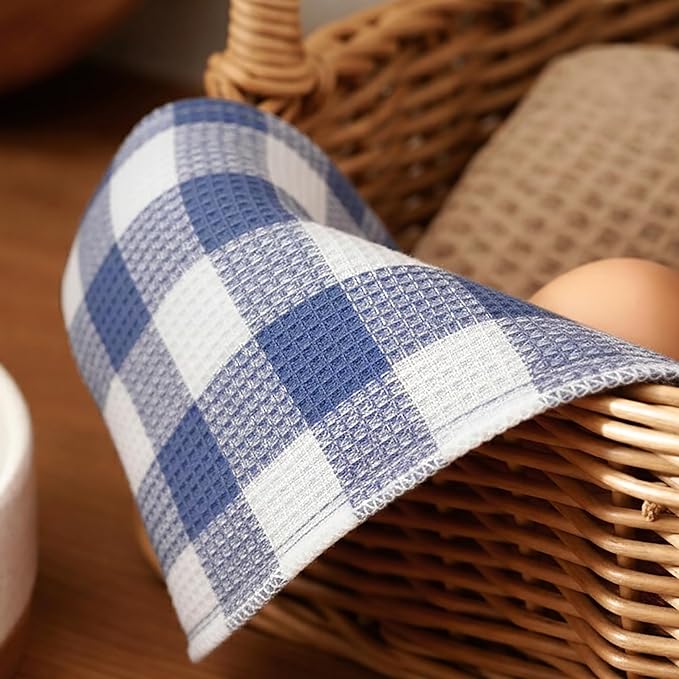 PurpleEssences Waffle Weave Plaid Dish Cloths, 100% Cotton, 12x12 Inch, Soft Absorbent Quick Drying Buffalo Check Dish Rags for Kitchen, 8 Pack, Christmas Holiday Winter - Smoky Grey and White