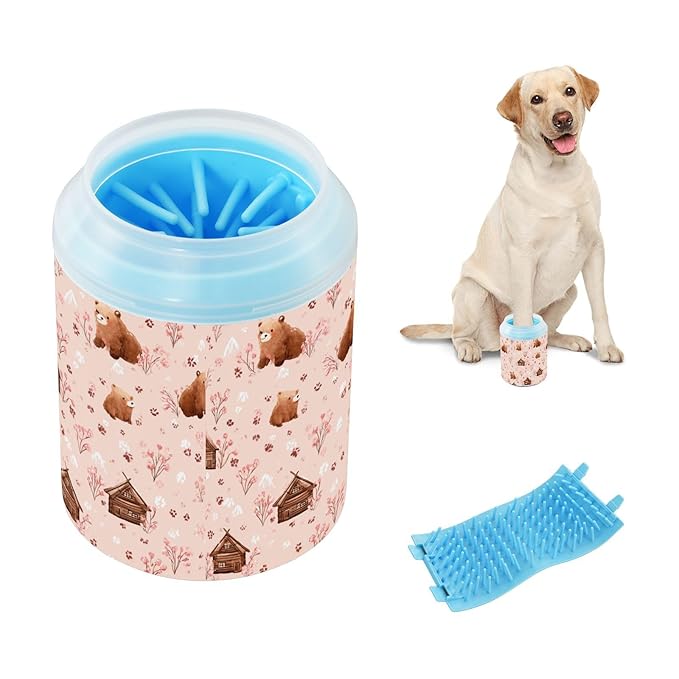 Dog Paw Cleaner Cups for Dogs Pet Foot Washer Paw Scrubber for Medium Small Large Dogs Cats Cleaning Cup Pink Bears Cabins Plants