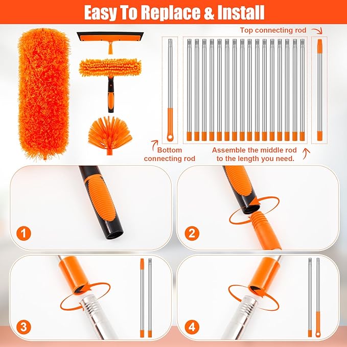 30 Feet High Reach Duster Kit with 2-24 ft Extension Pole High Ceiling Dusting and Window Cleaning Kit with Window Washer & Squeegee, Cobweb Duster, Washable Head for Ceiling Fan Blade