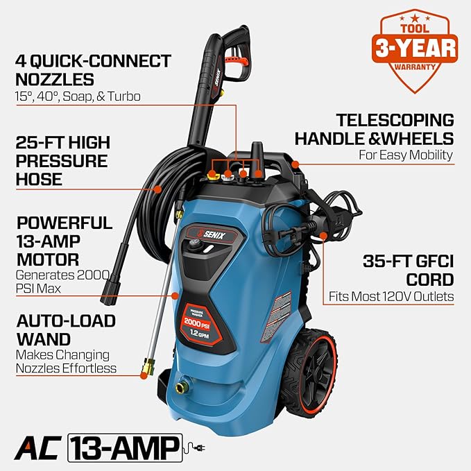 2000 PSI Electric Pressure Washer - 13 Amp, 1.2 GPM, Compact Design with 4 Quick-Connect Nozzles & Spray Gun - Includes 25 ft Hose and 35 ft Power Cord - Ideal for Cleaning Cars, Driveways, Patios