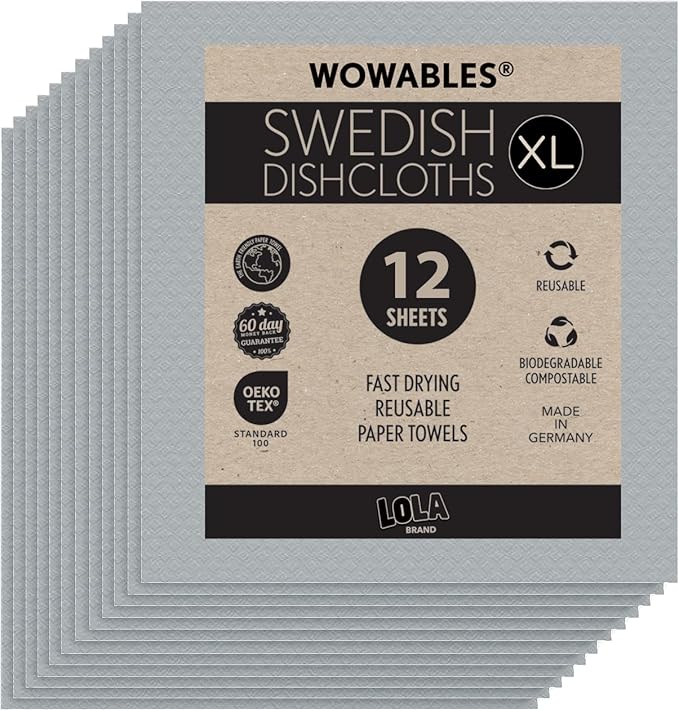 LOLA Swedish Dishcloths for Kitchen XL, 12 Sheet Roll, Biodegradable & Compostable, Reusable Paper Towel Cleaning Cloths, 11" x 10", No Odor, Washing Dishes, Ultra Absorbent Cellulose Sponge Towel