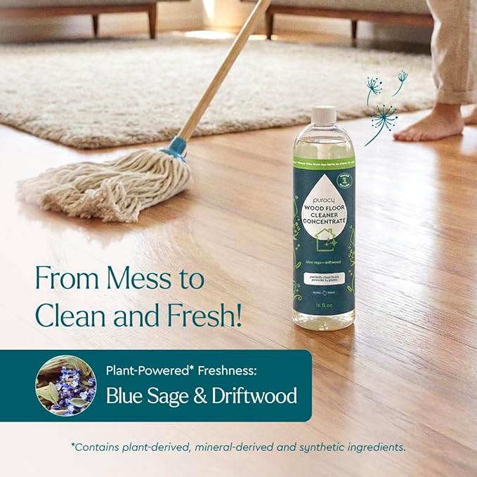 Puracy Wood Floor Cleaner Concentrate - pH Neutral Plant-Powered Hardwood Floor Cleaner - Residue-Free Non-Sticky Cleaning Solution As Seen on TikTok (Blue Sage & Driftwood, 16 fl oz)