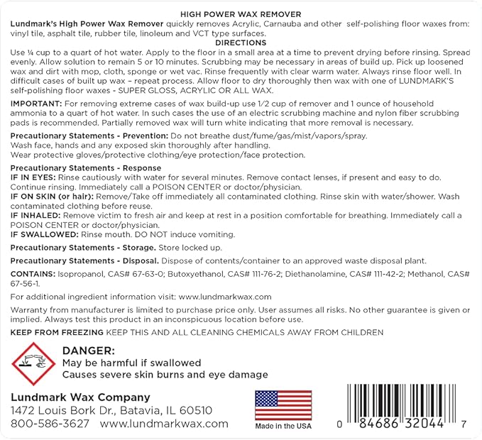 Lundmark High Power Wax Remover, Commercial Strength Floor Wax Stripper, 1-Gallon, 3204G01-2