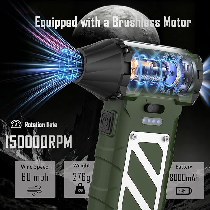 Electric Air Duster-Compressed Air Duster,60mph Wind Stepless Speed Canned Air for PC/Computer/Blaster/Electronics/Home Cleaning, 150000RPM Air Blower to Spray Air Can Dust Off Keyboard Cleaner(Green)
