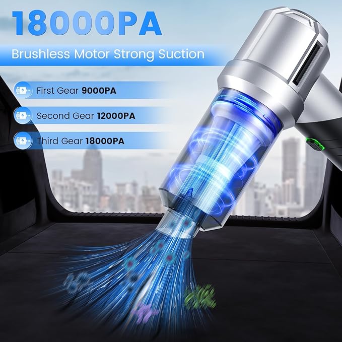 Car Vacuum Portable Cordless with 18000PA Super Suction, 4 in 1 Portable Air Blower/Car Vacuum 90°Foldable Handheld Rechargeable Brushless Motor, Gifts for Valentine's Day for Home, PC