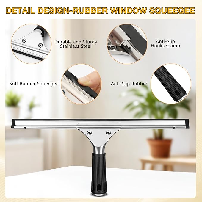 Professional Window Cleaning Squeegee Kit- 14" Squeegee & Microfiber Rotatable Window Scrubber,All-Purpose Tile Shower Walls Window Glass Car Windshield Mirrors,Reusable Microfiber Sleeve