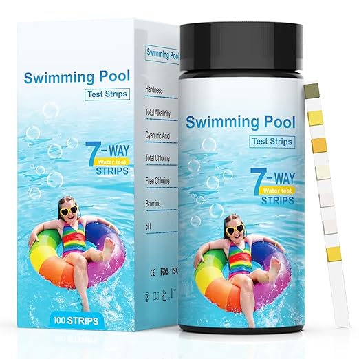 7-Way Pool Test Strips, 100 Strips Water Chemical Testing for Hot tub and Spa, Accurate Test Bromine, Total Alkalinity, pH, Free Chlorine, Total Hardness, Cyanuric Acid, and Total Chlorine