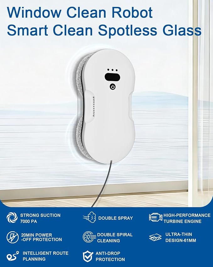 Window Cleaning Robot, Automatic Window Cleaner Robot with Dual Spray, Edge Detection, Intelligent Path Planning, 3000pa Strong Suction, Anti-Drop Protection for Glass