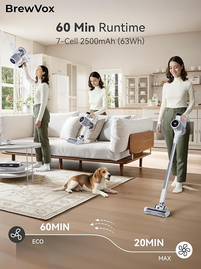 Telescopic Cordless Stick Vacuum Cleaner for Home Carpet & Pet Hair, Smart Auto Detect, 45kPa Powerful Suction, 550W Motor, 60 Min Runtime Quick Rechargeable, 6 Stage Filtration System