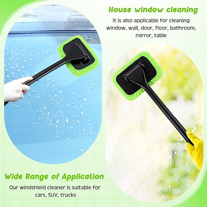 8 Pcs Car Windshield Cleaner Tool Kit with Removable Handle, Microfiber Towel Pads, Brush, Empty Spray Bottle for Auto Glass Wiper Suvs Rvs & Home Windows(Green)