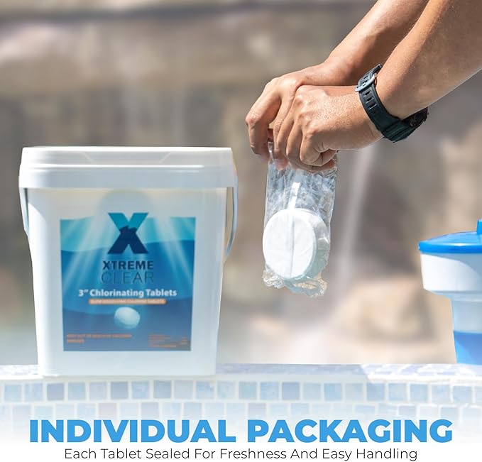 Xtremeclear 3" Chlorine Tablets Bucket, 3-inch Individually Wrapped, 25 lbs Chlorinating Tabs for Swimming Pools, Hot Tubs, Spa Slow Dissolving 25 Pound Bucket