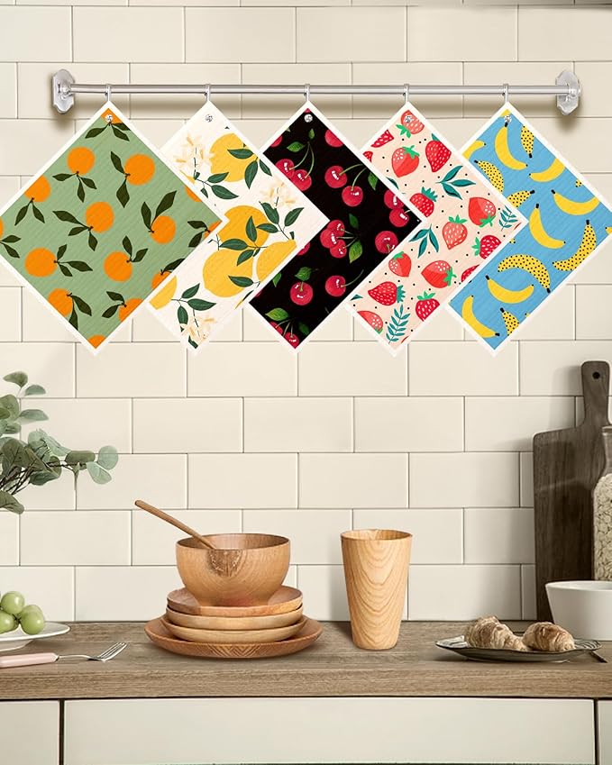 Swedish Dishcloths for Kitchen with Hooks - Reusable Dish Cloths for Washing Dishes Fast Drying Cute Fun 5 Pack Swedish Dish Towels Washable Cleaning Sponge, Fruit