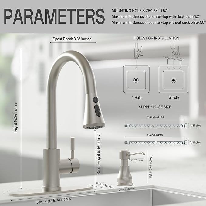 VXV Kitchen Faucet with Soap Dispenser, 3 Modes Kitchen Faucet with Pull Down Sprayer, Stainless Steel Sink Faucet for Farmhouse, Bar, and RV, with Deck Plate and 1/2'' Adapters