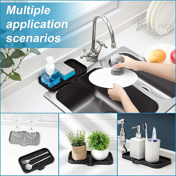 SUBEKYU Silicone Kitchen Soap Tray, Sink Tray for Kitchen Counter/Soap Bottles, Sponge Holder and Organizer with Drain Spout, Black, [Size: 9.5 x 5 inch]