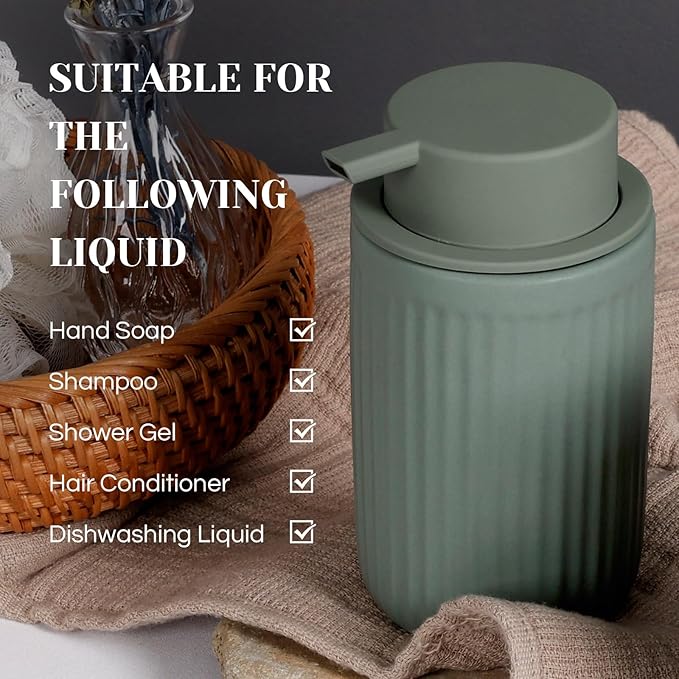 INGOFIN Foaming Soap Dispenser - 12oz Ceramic Foam Hand Soap Dispenser Bathroom, Modern Refillable Dish Dispenser with Pump for Kitchen, Matte Green