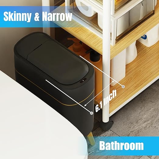 Yatmung Bathroom Trash Can Automatic Touchless Modern Smart Trash Bin - Narrow Waste Basket for Bedroom, Laundry Room, Office, Plastic - Motion Sensor Garbage Can with Lid - Black with Gold Edge