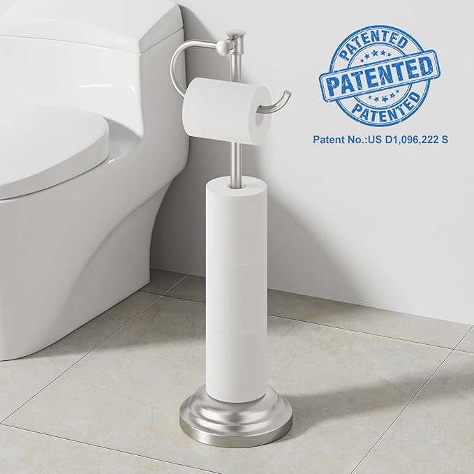 RUMOSE Toilet Paper Holder Stand for Floor, Brushed Nickel Bathroom Free Standing Toilet Tissue Roll Holder with Storage, Adjustable 17-25 Inch, SUS304 Stainless Steel