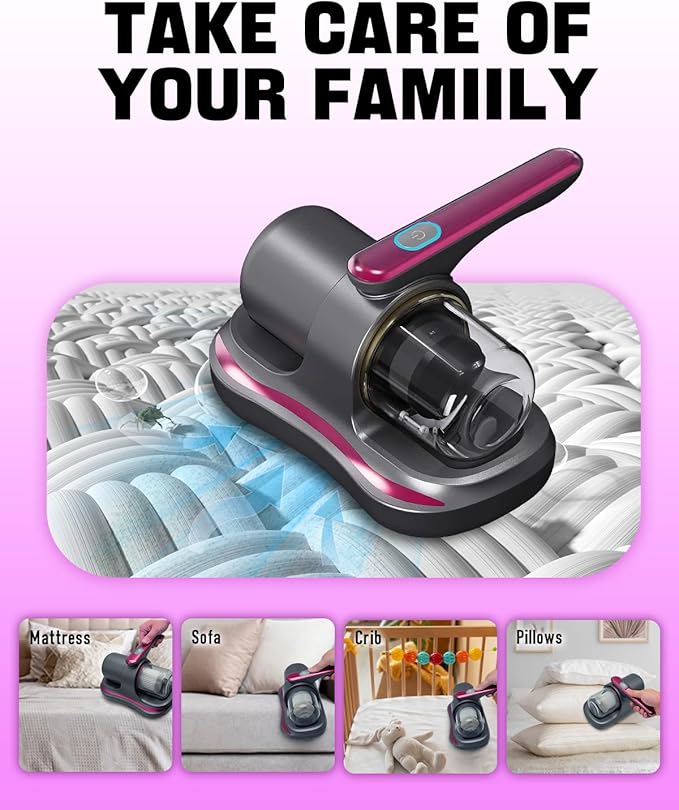 Mattress Vacuum Cleaner, Cordless Bed Vacuum Cleaner with UV Light Sanitizing, Ultrasonic & Heating Tech with 2 PCS HEPA Filters, 2 Speeds Handheld Vacuums for Mattress Sofa, Pet Hair, Carpets