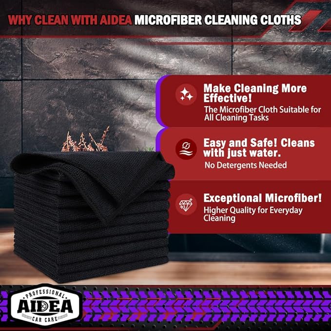 AIDEA Microfiber Cleaning Cloth Black 10PK, Microfiber Towels for Cars, Premium Wash Cloths, Dusting Cloth Lint Free Cleaning Rags for SUVs, House, Kitchen, Window, Cleaning Supplies12×12" (Pack of 2)