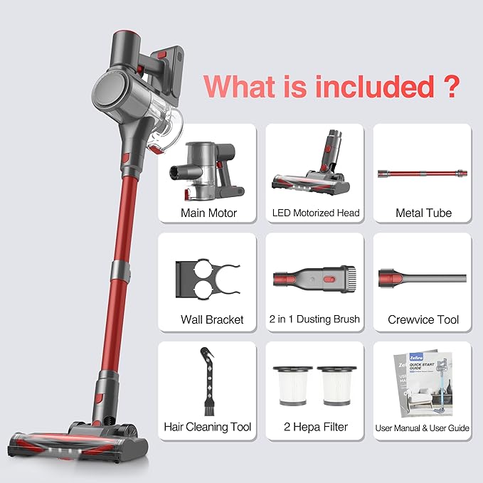 Zefiro Cordless Vacuum Cleaner for Home,450W /40Kpa 50Mins Stick Vacuum,Anti-Tangle 1.5L Dust Cup, Rechargeable Wireless Handheld Vacuum for Pet Hair/Carpet/Floor
