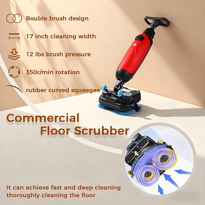 Cordless Electric Floor Scrubber & Polisher, 17” Path, Double Brushes, 360° Swivel Head, Ideal for Commercial Retail & Office Cleaning, Heavy-Duty Performance