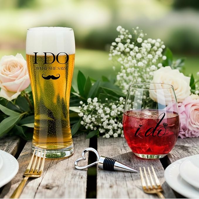AW BRIDAL Wedding Gifts for Couples 2026, Mr and Mrs Wine Glasses and Beer Mug Set, Engagement Gift for the Couple, Bride and Groom Wedding Glasses with Wine Stopper, Bridal Shower Gifts for Bride