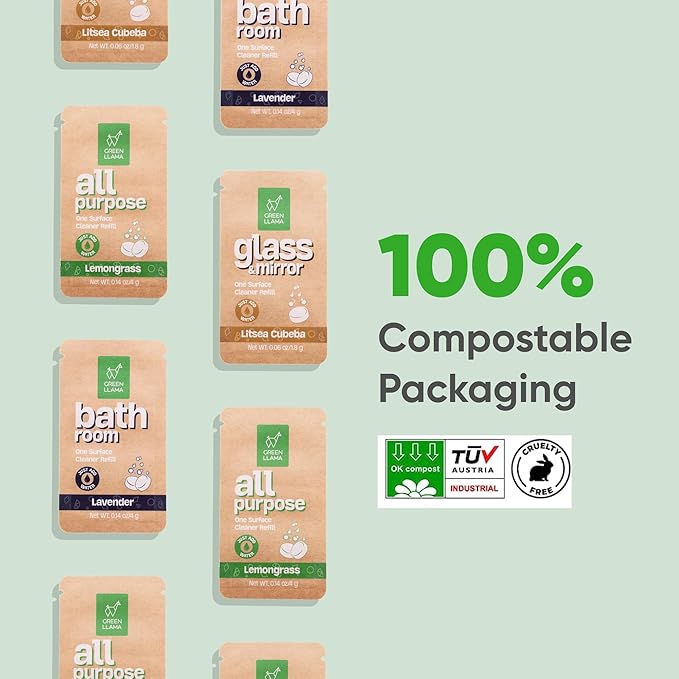 Green Llama Eco-Friendly and Sustainable All-Purpose Refill Tablets | 8-Pack | Lemon Grass Scent | Natural Cleaning Solution for Home with Certified Compostable Packaging