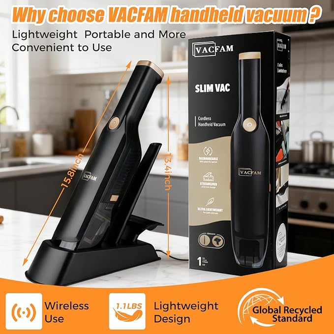 Handheld Vacuum Cordless, 15KPA High Power Suction, USB Quick Charge, Car Vacuum Cleaner with Storage Dock, Lightweight Rechargeable Dust Buster with Crevice Tool & Pet Brush Hand Vac for Home, Black
