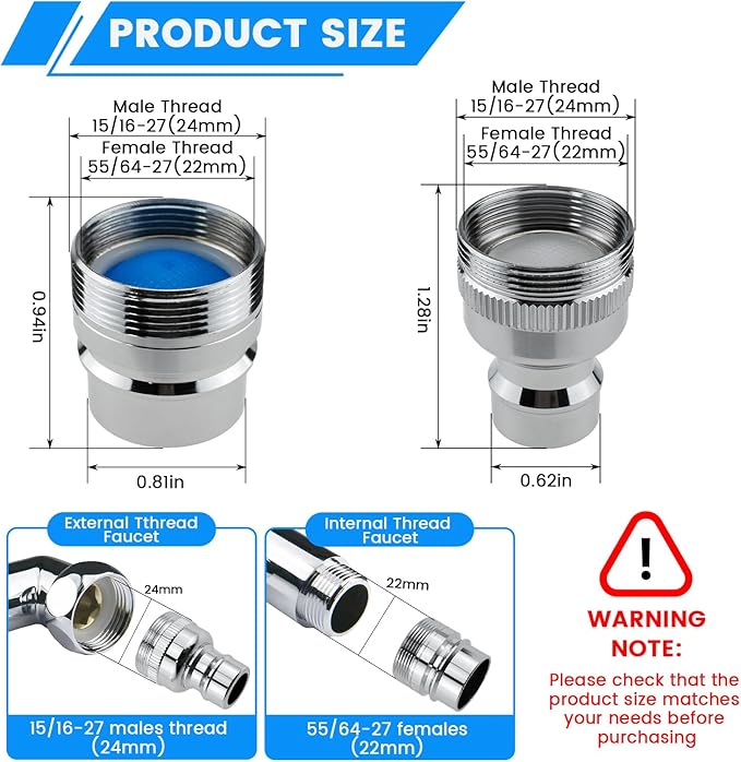 SDTC Tech Dishwasher Faucet Adapter, 2 Pack Portable Dishwasher Snap Adapter Connection Accessories 15/16-27 Male or 55/64-27 Famale, for Kitchen/Bathroom Faucet, Chrome