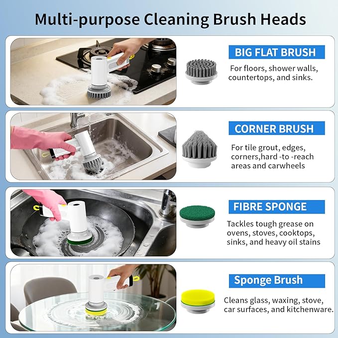 Electric Spin Scrubber, Cordless Cleaning Brush，IPX7 Waterproof Bathroom Scrubber with Adjustable Extension Handle & Battery Level Display for Bathroom Kitchen Car (ECB-S2)