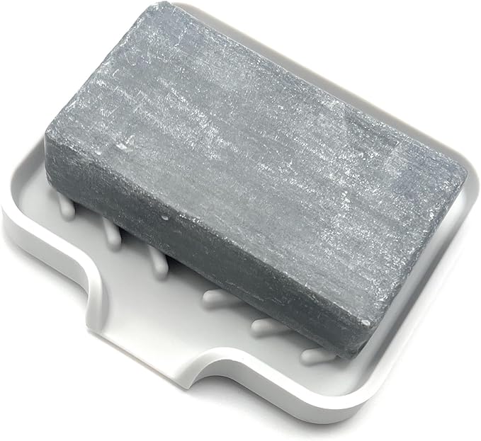 Happitasa Silicone Soap Dish Tray and Sponge Holder with Drain Chute and Feet | 3-Way Sloped Design | Bathroom and Kitchen Sink Organizer Caddy (Grey, 5"x4")