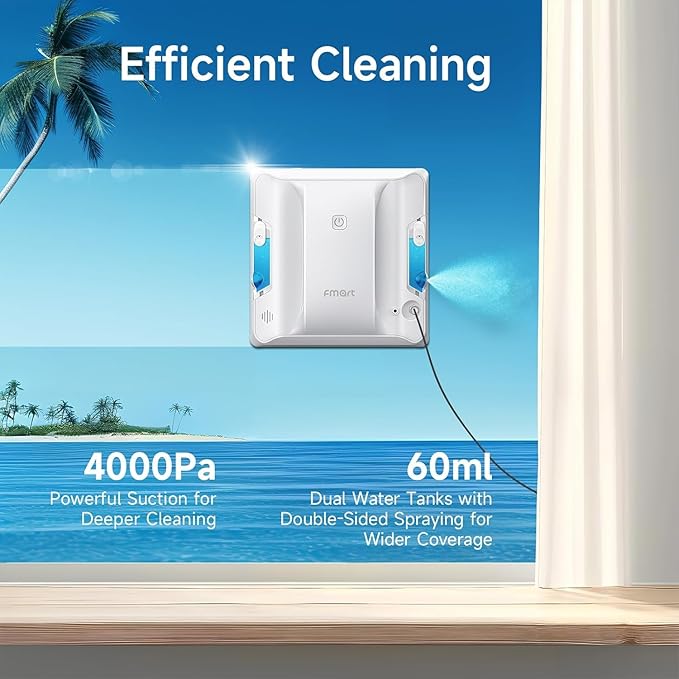 FMART W7 Window Robotic Vacuums 4000Pa Suction, Double-Sided Water Spray, Anti-Falling & Intelligent Edge Detection,Window Robotic Vacuums for Indoor/Outdoor High-Rise Windows