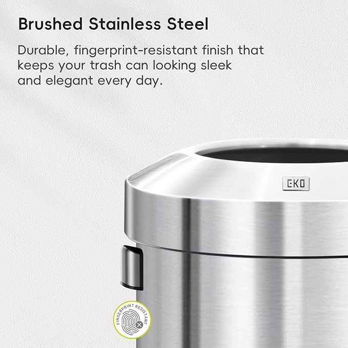 EKO 32-Gallon Round Stainless Steel Open Top Trash Can, Large Commercial Waste Bin with Detachable Lid and Carrying Handle, Brushed Metal Garbage Bin for Home, Office, Restaurant, Restroom