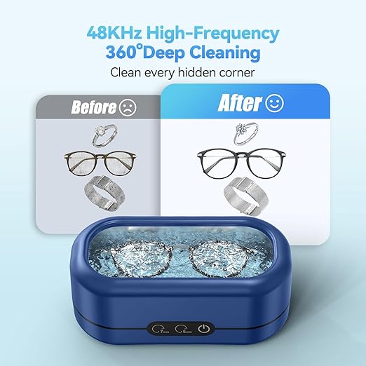 Ultrasonic Jewelry Cleaner, Upgraded 48KHz Jewelry Cleaner Ultrasonic Machine with 304 Stainless Steel Tank for Eyeglasses, Rings, Watch Strap, Dentures, Dual Cleaning Modes - Dark Blue